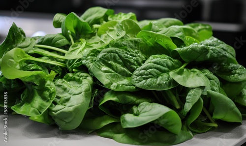  a pile of green leafy vegetables sitting on top of a table.  generative ai