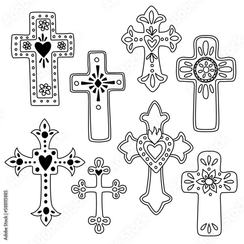 Mexican  folk art crosses set.  Hand drawn vector illustration isolated on background. Outline stroke is not expanded, stroke weight is editable.