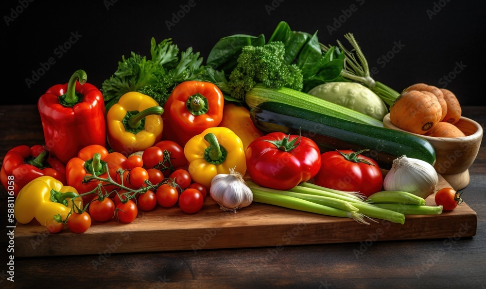 a wooden cutting board topped with lots of different types of vegetables. generative ai a wooden cutting board topped with lots of different types of vegetables. generative ai