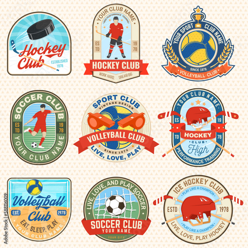 Set of Volleyball club, Ice Hockey club and soccer club emblem, patch, sticker. Vector. For college league sport club emblem, sign, logo. Vintage label, sticker, patch with volleyball ball, player