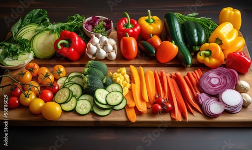  a wooden cutting board topped with lots of different types of vegetables.  generative ai © Anna