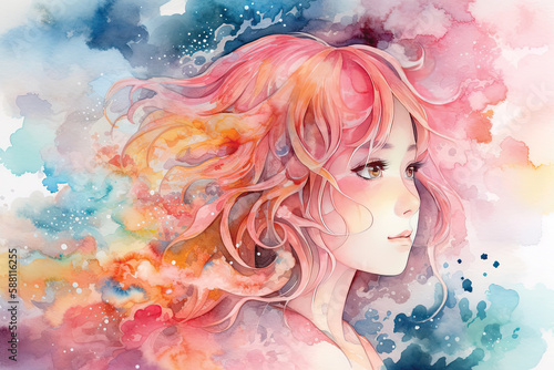 girl in the sky Anime kawaii watercolor