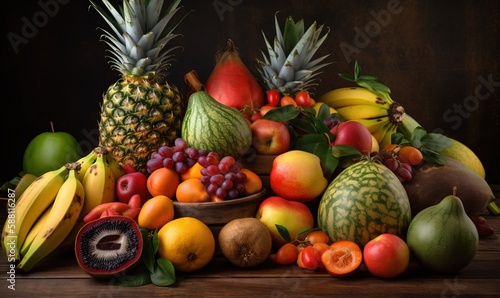  a pile of fruit sitting on top of a wooden table.  generative ai