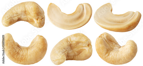 Isolated roasted cashew nuts. Collection of roasted cashew nuts and halves, different angles isolated on white background with clipping path