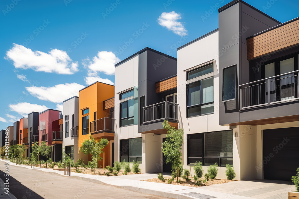 Fototapeta premium New residential modern houses, row house. Generative AI.