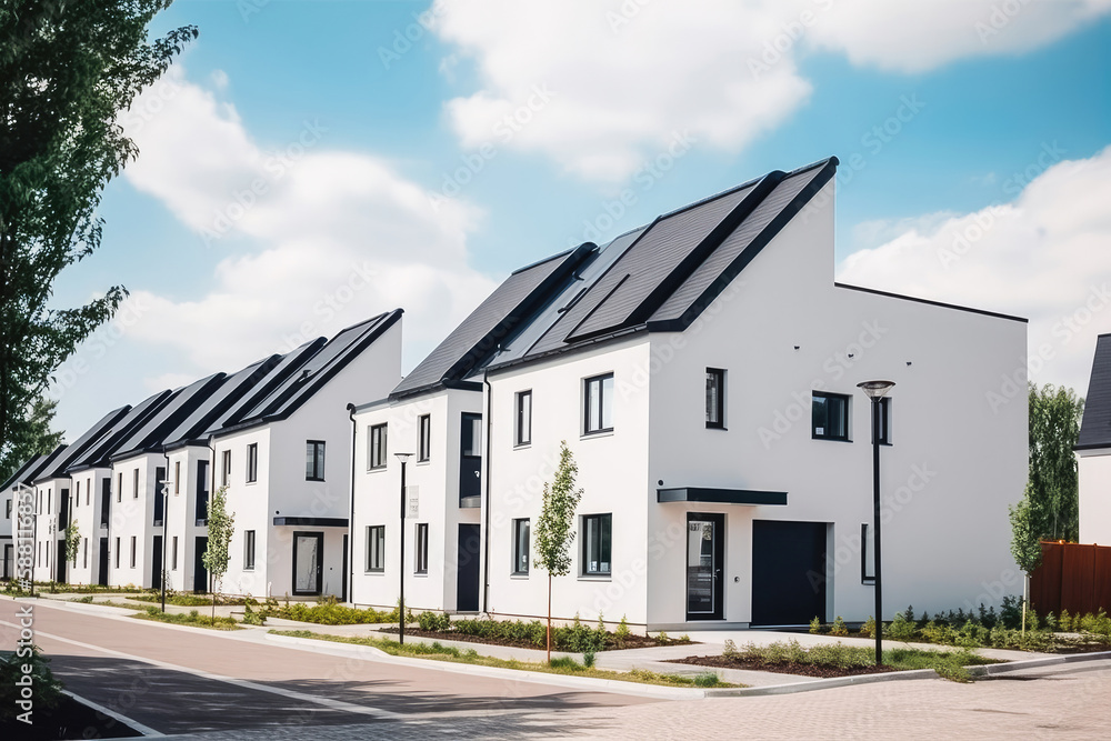 New residential modern houses, white facade with anthracite roof. Generative AI. New residential modern houses, white facade with anthracite roof. Generative AI.