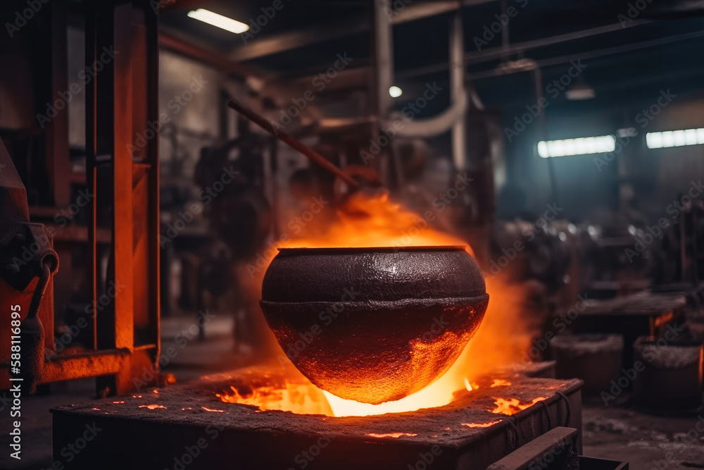 Liquid iron molten metal pouring in container, industrial metallurgical factory, foundry cast, heavy industry background. Generative AI. Liquid iron molten metal pouring in container, industrial metallurgical factory, foundry cast, heavy industry background. Generative AI.