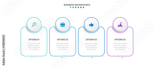 Timeline infographic with infochart. Modern presentation template with 4 spets for business process. Website template on white background for concept modern design. Horizontal layout.