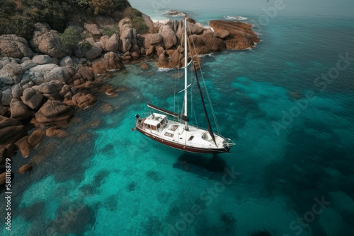 Aerial view of a luxury sailing boat in clear tropical blue water. Generative ai