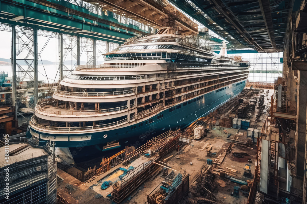 Fototapeta premium Construction of large passenger cruise ship. Generative AI.