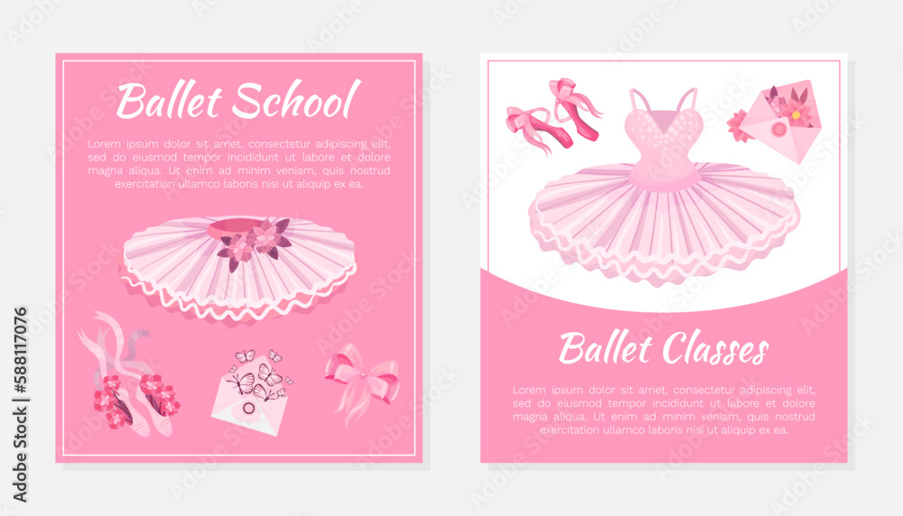Card Design with Pink Tutu Skirt, Pointe Shoes and Envelope Vector Template Card Design with Pink Tutu Skirt, Pointe Shoes and Envelope Vector Template