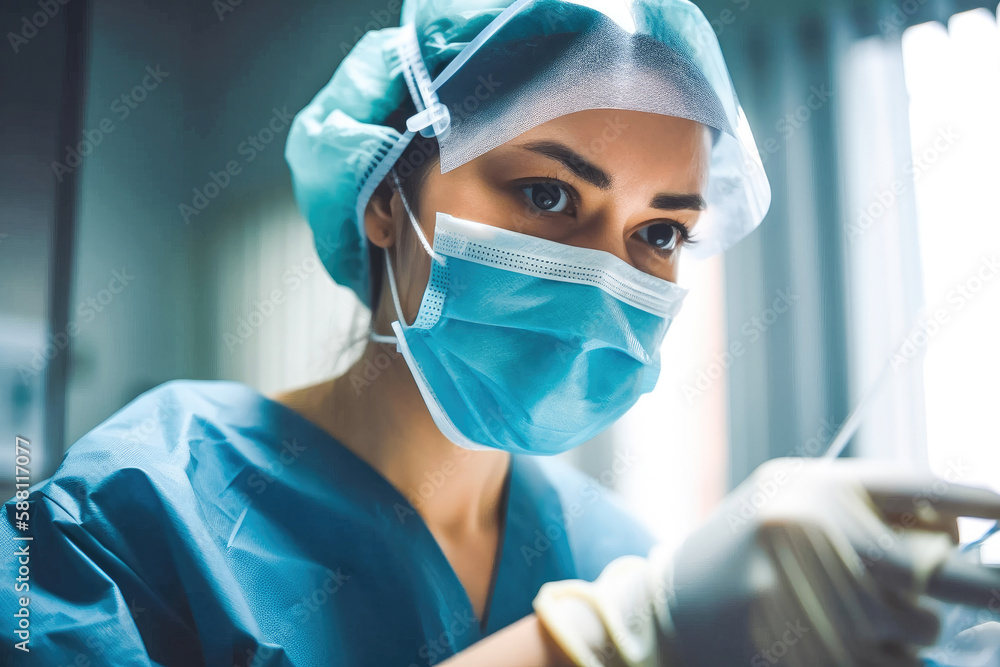 Female nurse wearing surgical mask in operation theater. Generative AI. Female nurse wearing surgical mask in operation theater. Generative AI.