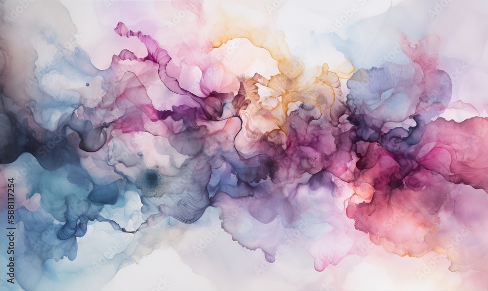 Fototapeta premium an abstract painting of purple and yellow colors on a white background. generative ai