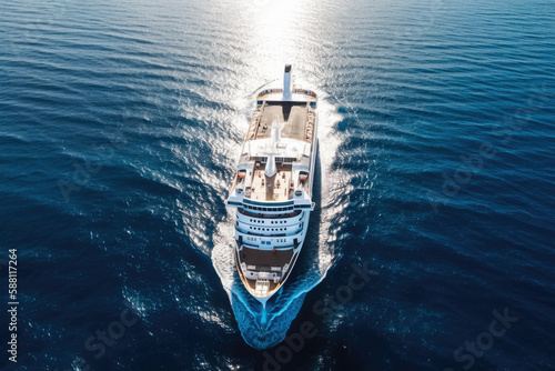 Top view of a beautiful white cruise ship in the Atlantic ocean. Generative AI. © VisualProduction