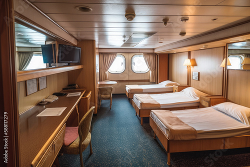 Cabins on a cruise ship. Generative AI.