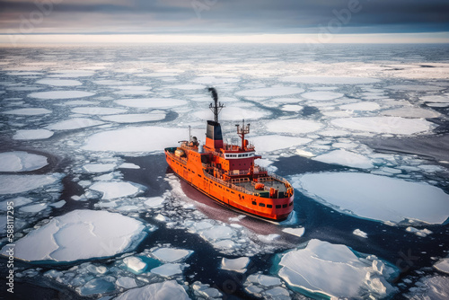 Red icebreaker in the middle of Arctic ocean. Generative AI.