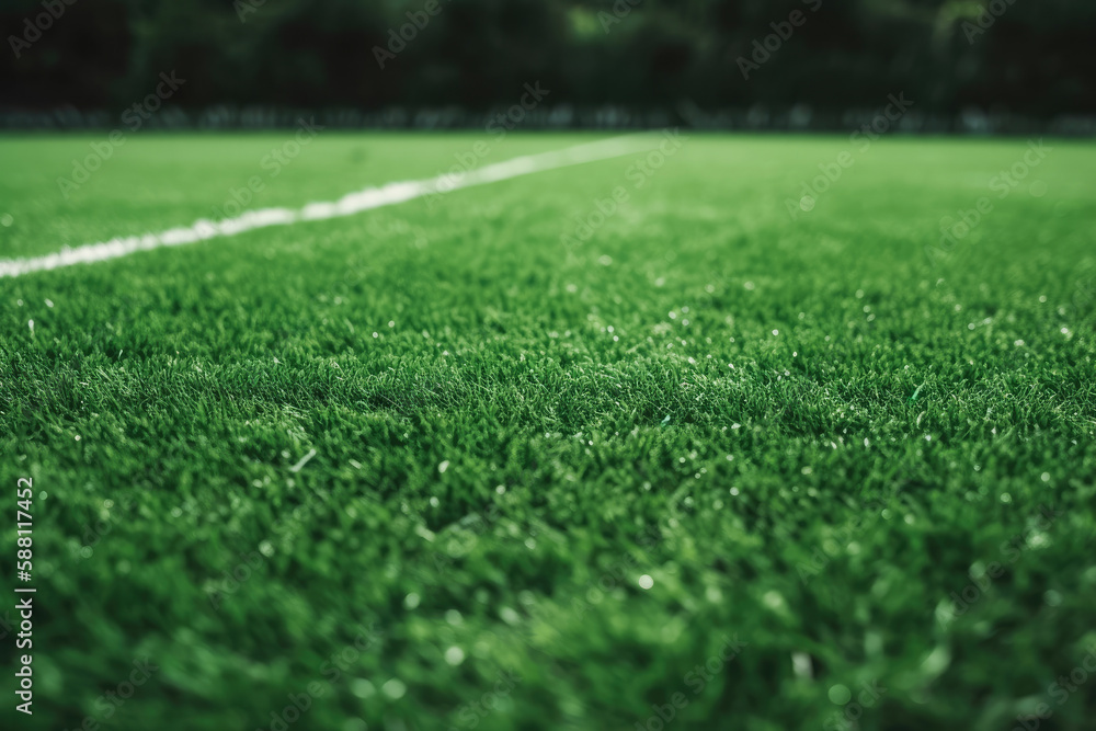 Green soccer field, close up. Generative AI.