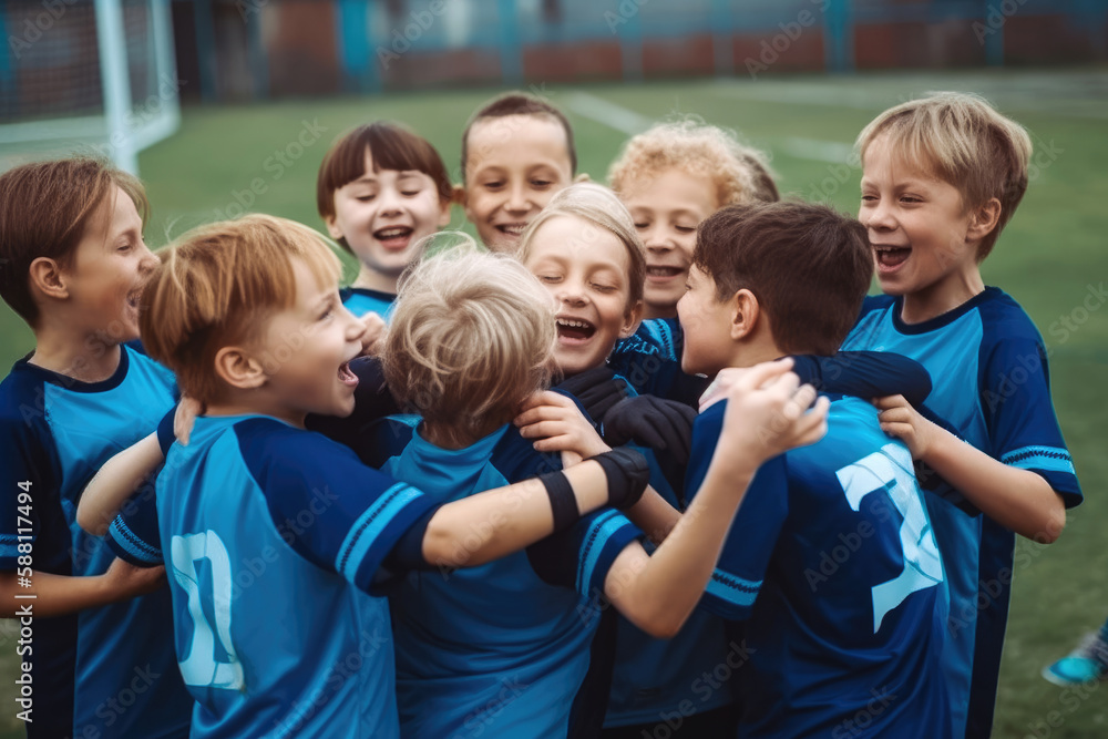 Children playing football and cheering after winning a match. Generative AI. Children playing football and cheering after winning a match. Generative AI.