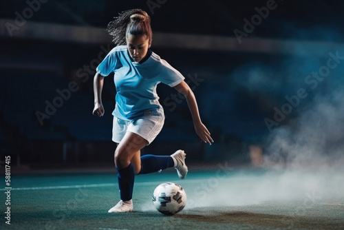 Woman football player practicing on the field. Woman power. Dark background. Generative AI. © VisualProduction
