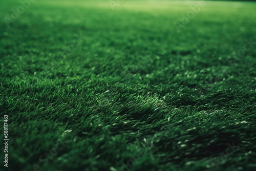 Green soccer field, close up. Generative AI.