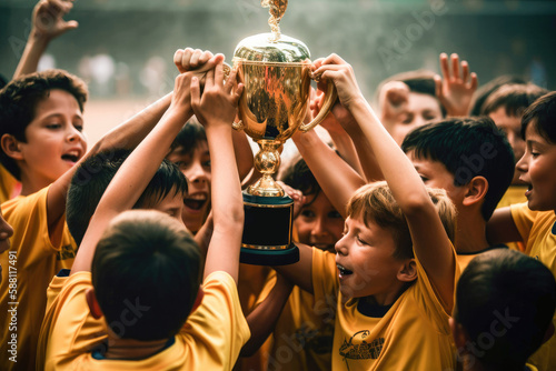 Children playing football and cheering after winning a match. Holding trophy. Generative AI.