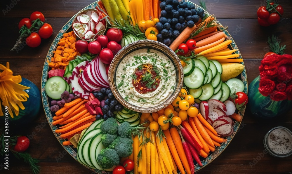  a platter of vegetables and dip surrounded by other fruits and vegetables.  generative ai