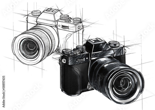 Design Skizze einer schwarzen Kamera mit Objektiv