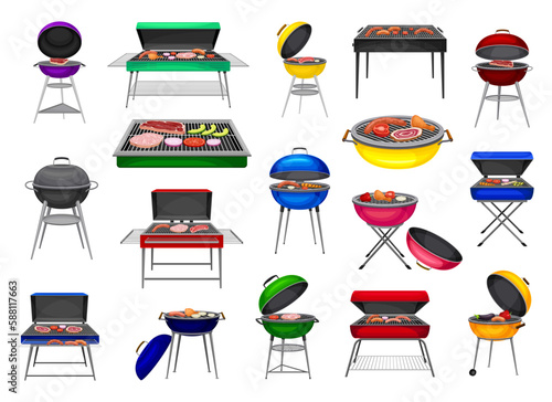 Barbecue Grill with Charcoal Kettle and Square Grill with Food Cooking on It Big Vector Set