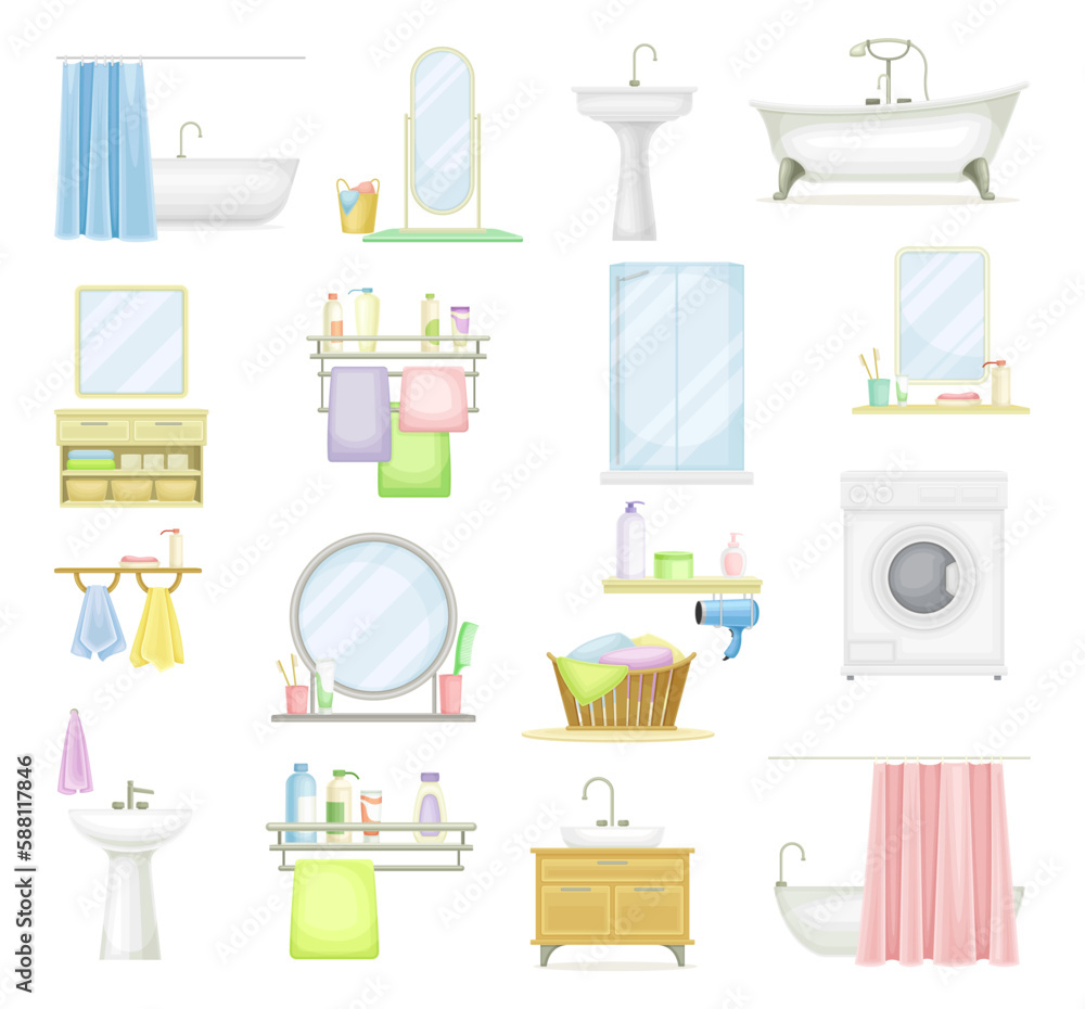 Bathroom or Washroom with Bathtub, Wash Basin and Mirror with Objects for Personal Hygiene Big Vector Set
