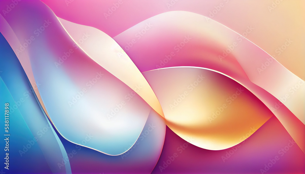 Naklejka premium Abstract Shiny neon glass translucent wavy composition with gradient transition, elegant clean background - generative AI.