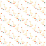 A pattern of white birds with a pink flowers on the bottom. Gentle pattern with geese and small elements of pink flowers on a white background.