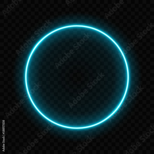 Neon circle. Light glow round blue color isolated on dark background. Illuminated frame for design print. Abstract digital circe. Glowing flare loop. Speckle radial circular. Vector illustration