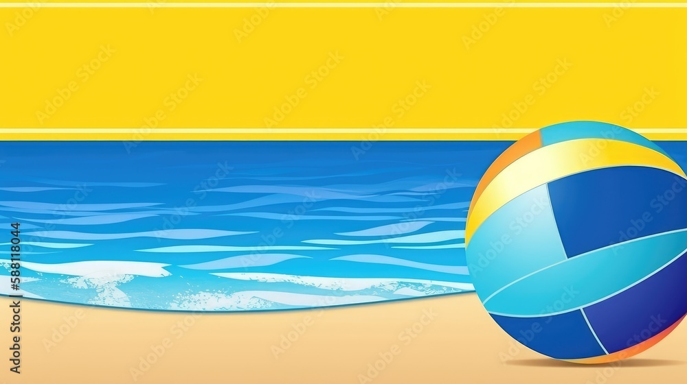 A blue and yellow banner with a beach ball for Summer Vacation. With empty space for text. Generative ai.