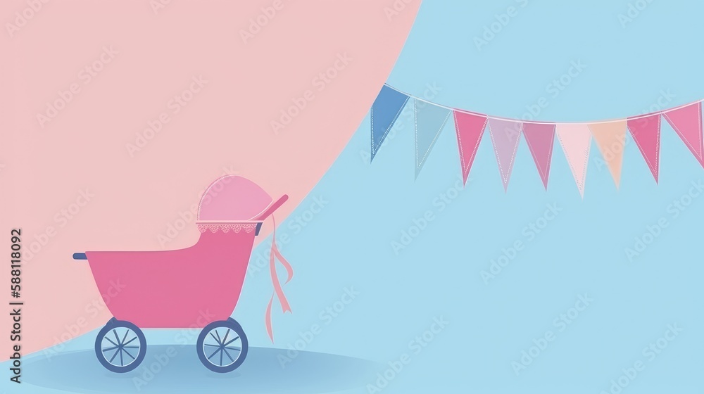 A pink and blue banner with a baby carriage for Baby Shower. With empty space for text. Generative ai.