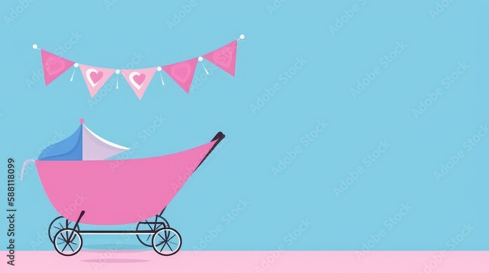 A pink and blue banner with a baby carriage for Baby Shower. With empty space for text. Generative ai. A pink and blue banner with a baby carriage for Baby Shower. With empty space for text. Generative ai.