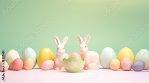 A pastel-colored banner with Easter eggs and bunnies for Easter. With empty space for text. Generative ai.