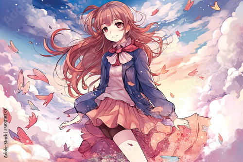 girl in the sky Anime kawaii watercolor