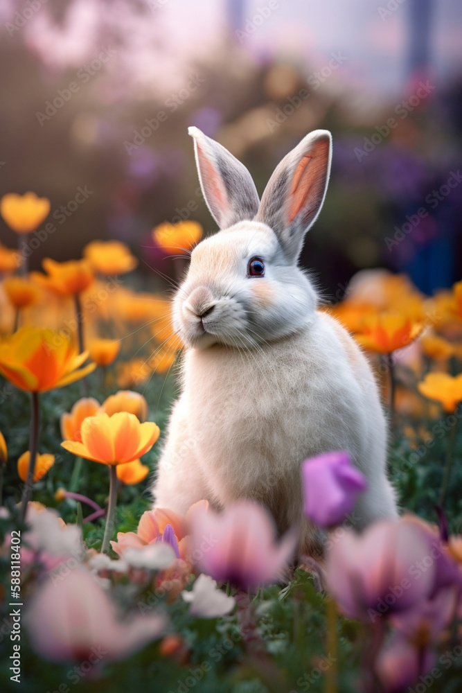 Easter bunny on green grass field, spring meadow. Generative AI Easter bunny on green grass field, spring meadow. Generative AI