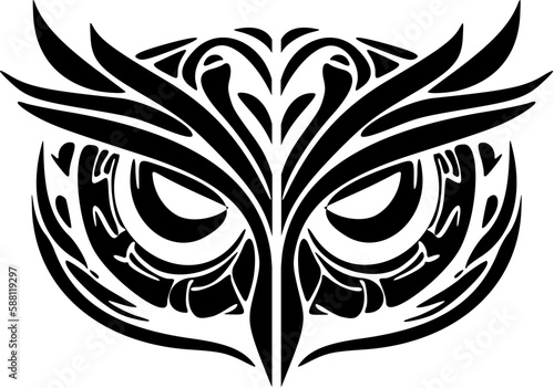    Tattoo of a black and white owl with Polynesian designs on its face.