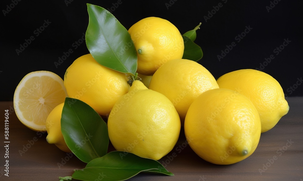  a pile of lemons with leaves on a wooden table.  generative ai