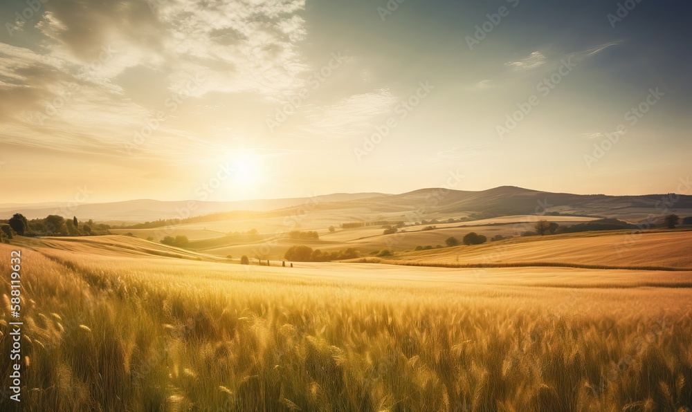  the sun is setting over a field of wheat in the countryside.  generative ai