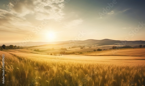  the sun is setting over a field of wheat in the countryside. generative ai