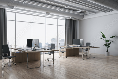 Modern coworking office interior with wooden flooring, panoramic window and city view, curtains, furniture and decorative items. 3D Rendering.