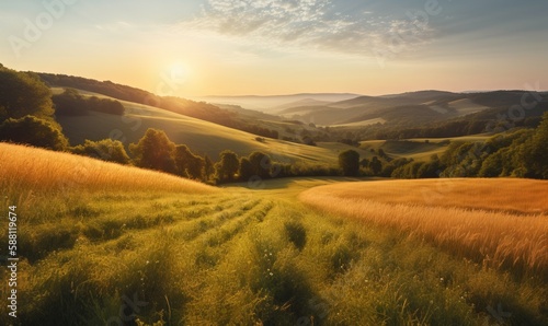  the sun is setting over the rolling hills in the countryside. generative ai
