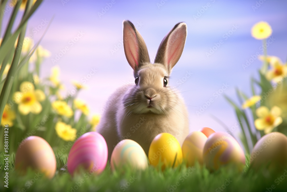 Easter bunny and eggs on green grass field, spring meadow. Generative AI