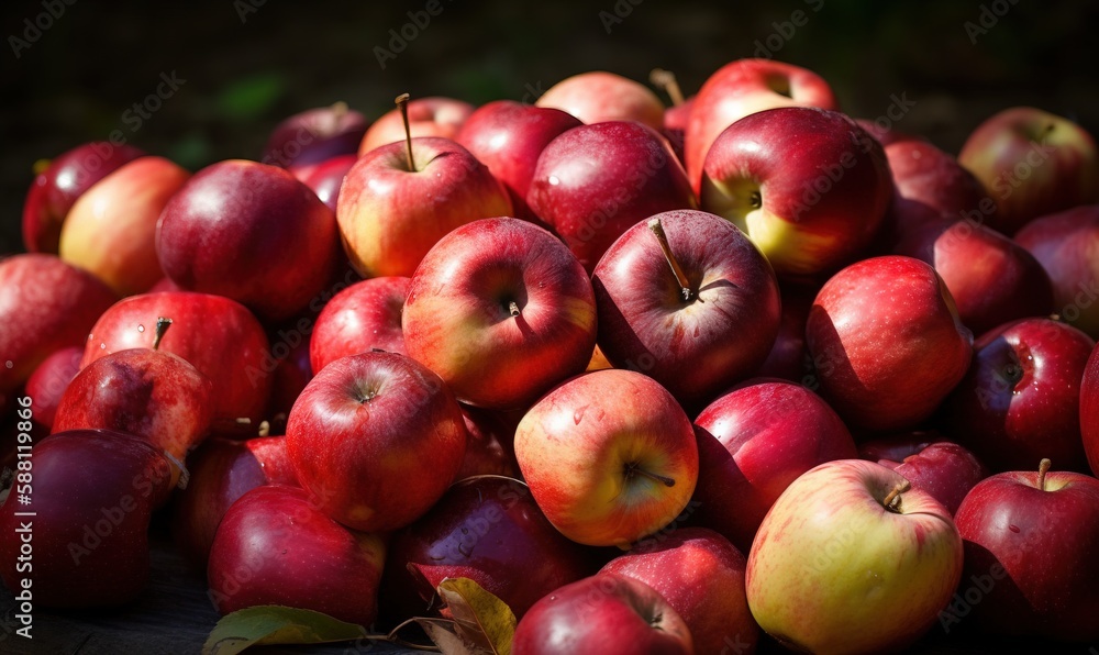 a pile of red apples sitting on top of a wooden table. generative ai a pile of red apples sitting on top of a wooden table. generative ai