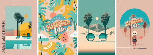 Summer vibe. Vector illustrations of sunglasses, t-shirt print, pattern, resort and landscape for background, poster or flyer