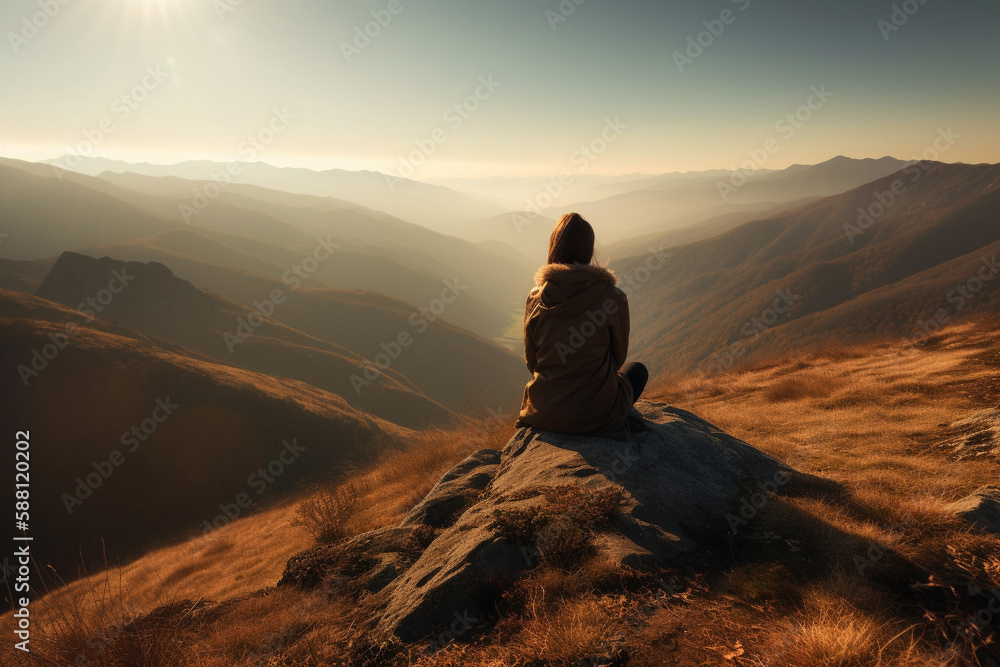 Fototapeta premium Woman in yoga zen pose meditating on a mountain at sunrise or sunset. Balance and stability, meditation relaxation and peace. Natural therapy contemplation therapy. Ai generated