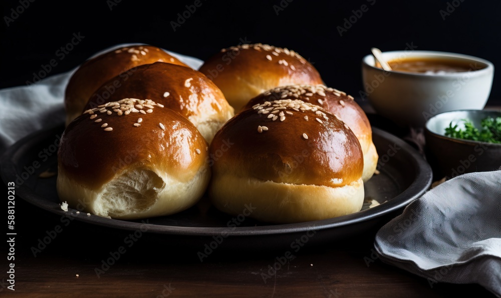 a plate of rolls with sesame seeds on top of them. generative ai a plate of rolls with sesame seeds on top of them. generative ai