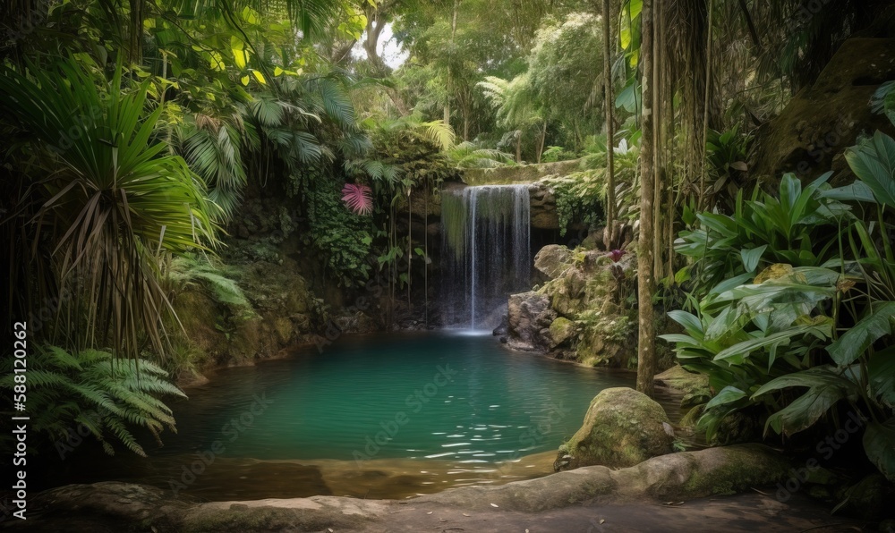 a small pool of water surrounded by lush green plants and a waterfall. generative ai a small pool of water surrounded by lush green plants and a waterfall. generative ai